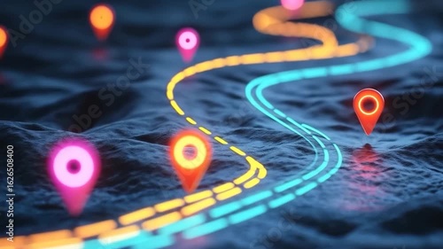 Animated digital map with interconnected location pins, visualizing global connectivity, geolocation systems, and geographic data networks for modern business, logistics, marketing,smart technology