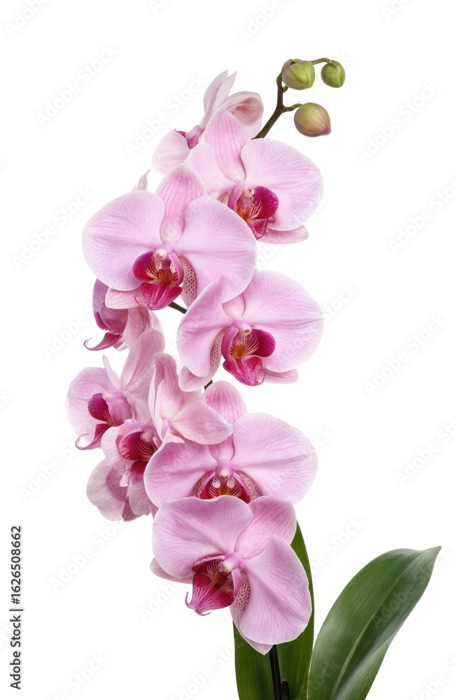 Naklejka premium Pink orchid flower in full bloom on green stem with white petals. Elegant, delicate, graceful design. Single, beautiful, lovely, charming floral arrangement with vibrant colours, soft hues, gentle
