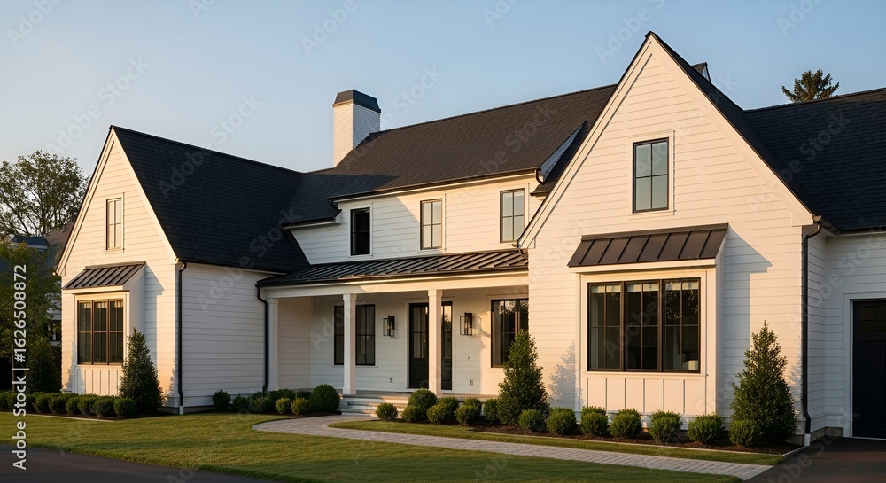 Obraz premium Modern Farmhouse Exterior at Golden Hour with Lush Greenery and Pathway