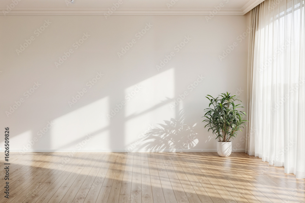 Fototapeta premium A sunlit wall, two quiet plants, and a floor that catches golden light