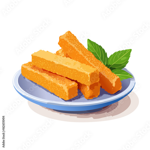 Fried polenta sticks on plate with fresh mint leaves, delicious appetizer vector illustration