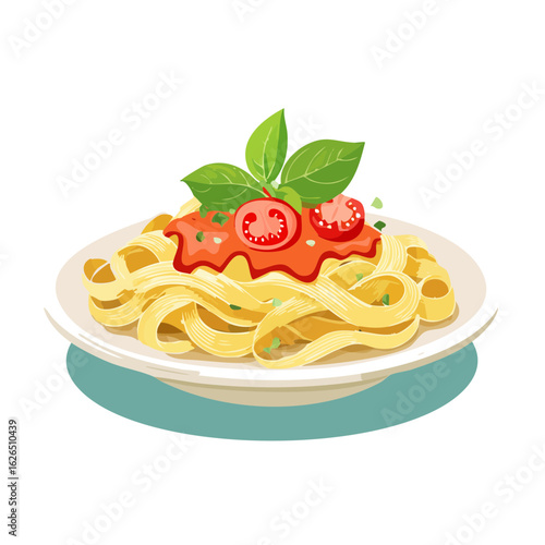Pasta dish illustration with tomato sauce basil and tomatoes served on plate cuisine culinary artwork delicious food