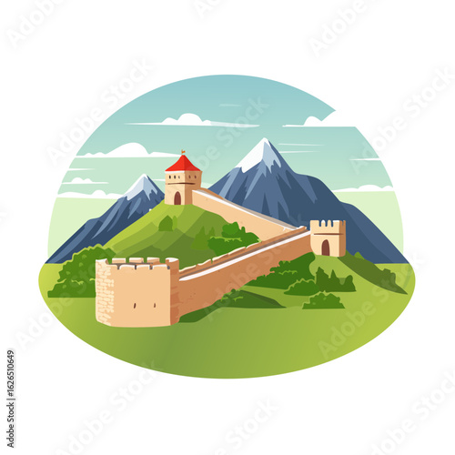 Scenic illustration of ancient fortified wall with guard towers in mountains