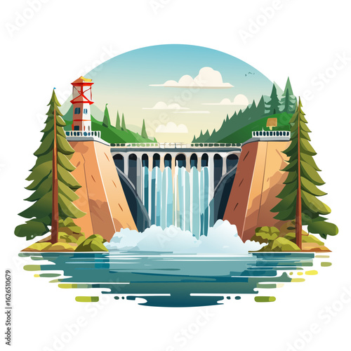 Scenic Hydroelectric Dam with Cascading Waterfall and Tower in Mountainous Landscape Cartoon Vector Illustration