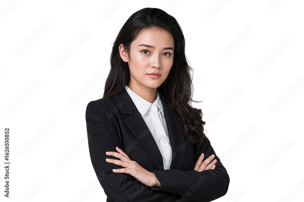 Portrait of a confident young Asian businesswoman in a black suit with arms crossed, isolated on white or transparent background Portrait of a confident young Asian businesswoman in a black suit with arms crossed, isolated on white or transparent background