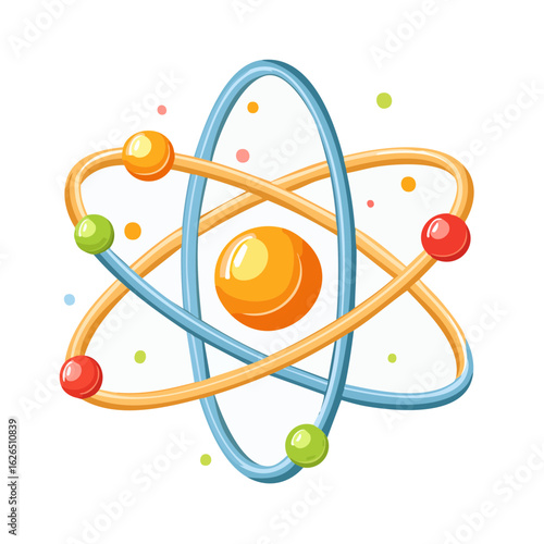 Atom model showing nucleus and orbiting electrons in science, physics, chemistry, and education icon concept