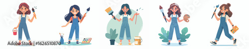 Cute Cartoon Girls with Painting Tools – Fun Vector Kids Illustration for Art and Creativity