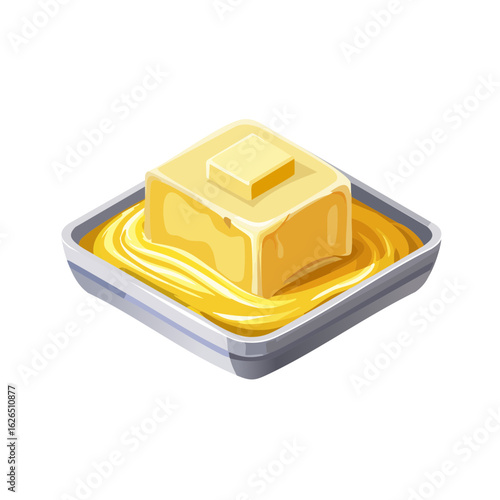 Melting butter in a square dish illustration Baking ingredient dairy product Cartoon yellow food preparation