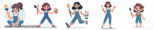 Cute Cartoon Girls with Paint Brushes – Creative Vector Children Art Illustration Set