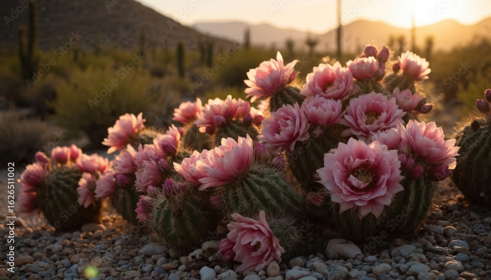 Obraz premium Desert landscape with blooming cacti, vibrant pink flowers, and rocky terrain. Cacti in various growth stages stand against hazy sunset sky and mountain range.