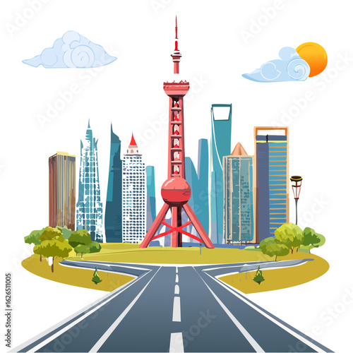Vibrant metropolis skyline vector illustration featuring iconic tower modern buildings roads and parkland