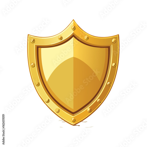 Cartoon golden shield icon illustration on black background. Isolated medieval heraldry protection. Shiny and detailed knight armor.