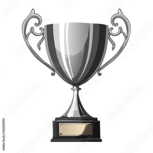 Silver trophy illustration with decorative handles on a black background for contest winners and champion celebrations