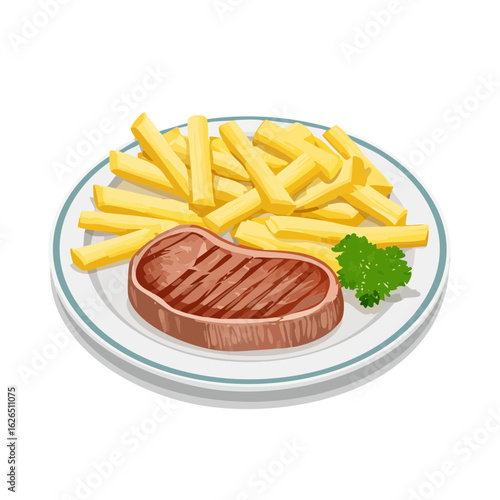 Cartoon plate with steak and fries Food illustration Juicy steak dish with fried potatoes Meal with meat chips