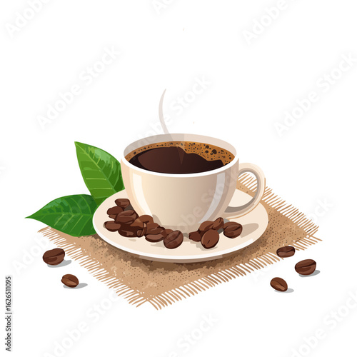 Steaming coffee cup with beans and leaves on burlap sack illustration