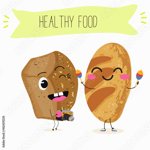 Baked food funny characters, hand drawn vector illustration.