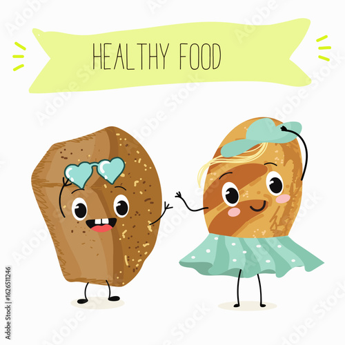 Baked food funny characters, hand drawn vector illustration.