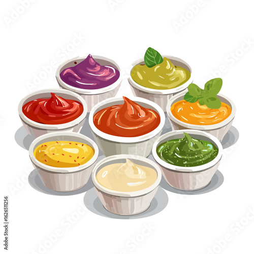 Variety of Sauces and Dips in White Bowls Isolated on Black Background