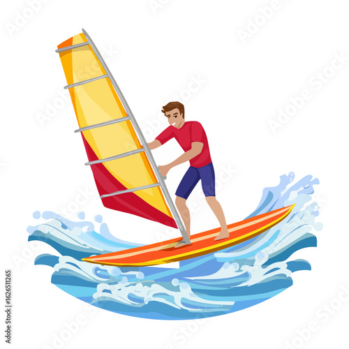 Cartoon windsurfer on board with sail enjoys water sport activity in sunny weather