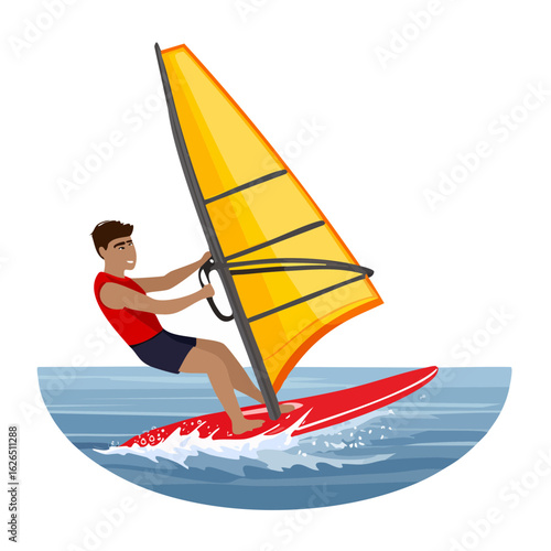 Man windsurfing on a red board with a yellow sail on the water in an illustration