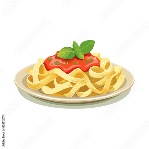 Pasta dish with tomato sauce and basil on a plate Italian cuisine cartoon food drawing