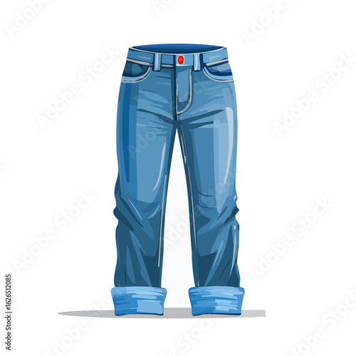 Classic blue denim jeans garment illustration casual apparel folded cuffs red button fashion style pants trousers
