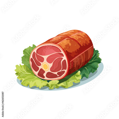 Cooked ham on a bed of lettuce Delicious processed meat product presented on a plate Ready to eat prepared food