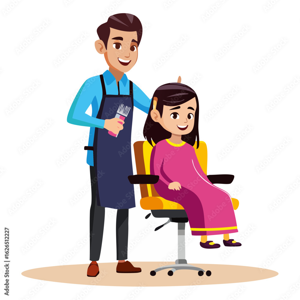 Cartoon barber giving haircut to young girl in salon chair vector illustration Cartoon barber giving haircut to young girl in salon chair vector illustration