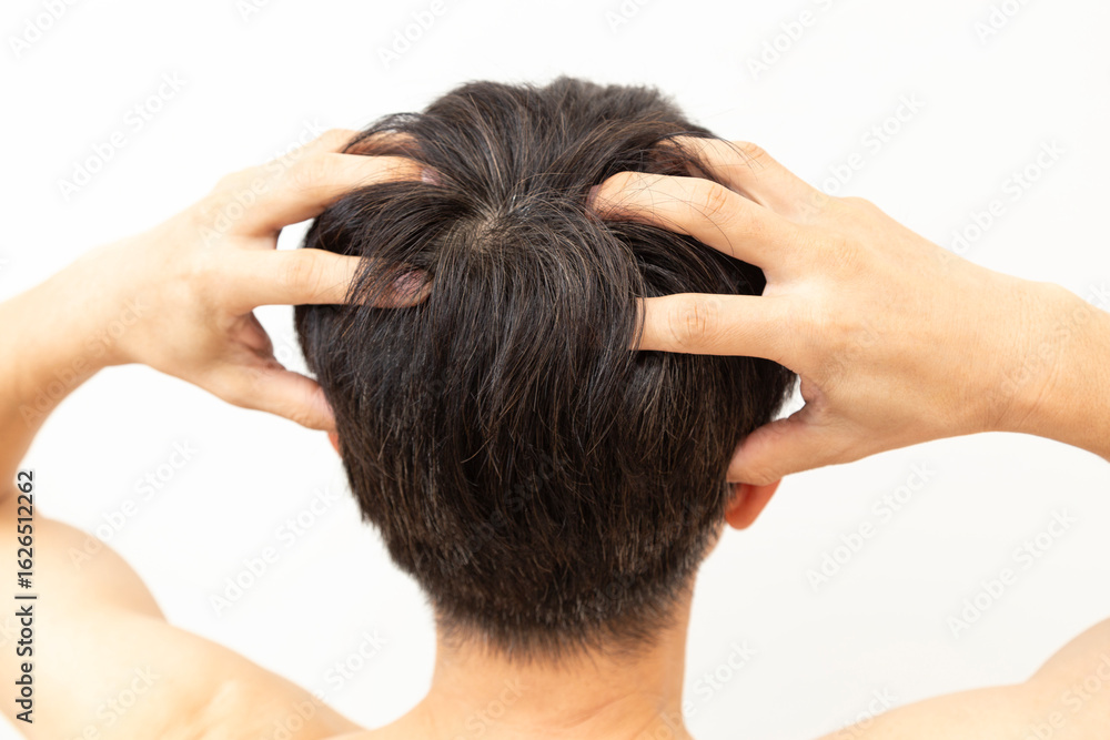 Fototapeta premium 頭皮マッサージをする男性の後ろ姿 白バック