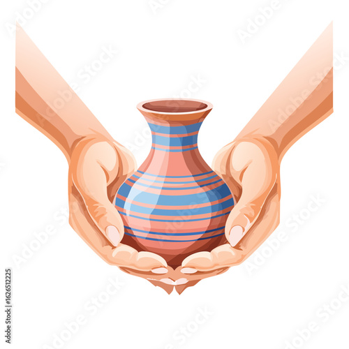 Hands carefully hold a decorated ceramic vase concept of preservation tradition art culture crafting caring protection