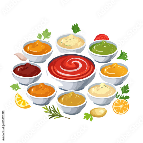 Assorted sauce collection, array of colorful dips in bowls on black background