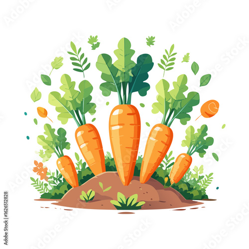 Illustration of carrots growing in a garden, surrounded by plants and leaves on a black background