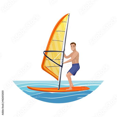 Man windsurfing in the ocean, vector illustration of outdoor water sport, summer activity.