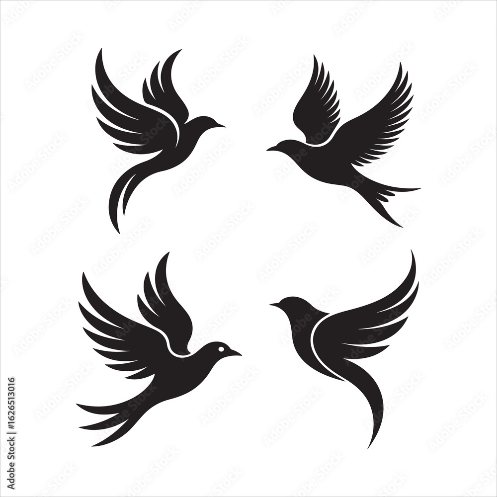 Fototapeta premium Four stylized black silhouettes of birds in flight against a white background