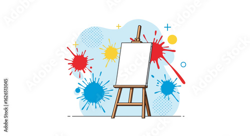 Art easel with paint splatters and colorful accents