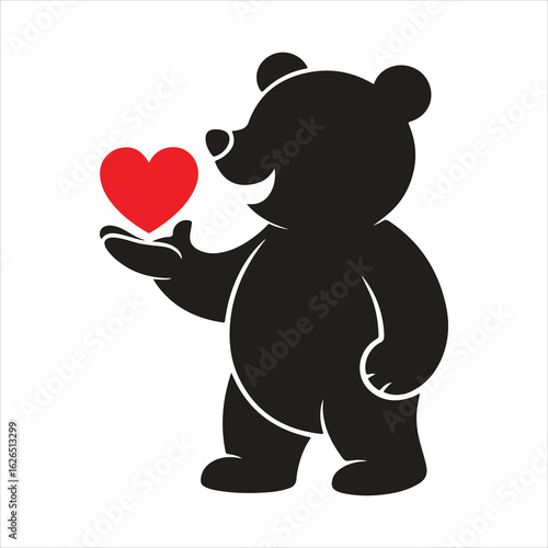 Illustration of a black silhouette jovial bear holding a red heart in its hand