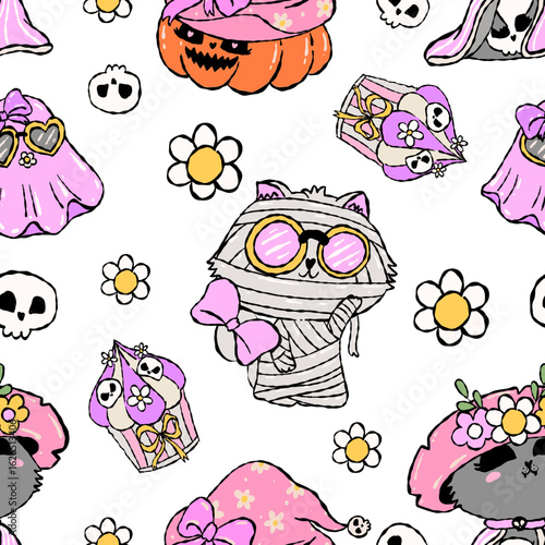 seamlesspattern of cute Halloween cats in pastel costumes the purrfect spooky sweet vibe