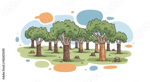 Deforested forest scene with tree stumps and foliage
