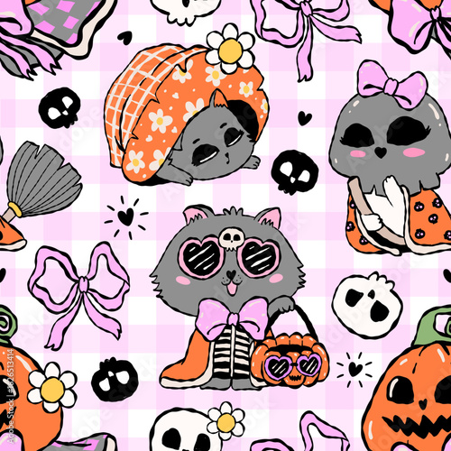 seamlesspattern of cute Halloween cats in pastel costumes the purrfect spooky sweet vibe