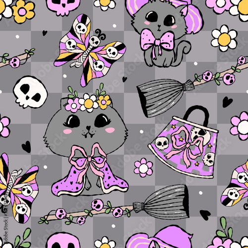 seamlesspattern of cute Halloween cats in pastel costumes the purrfect spooky sweet vibe