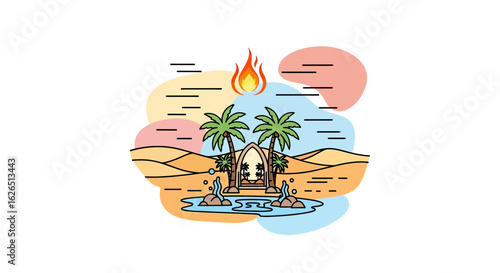 Desert oasis with palm trees and flame symbol
