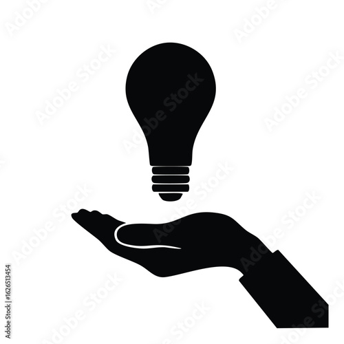 Silhouette of a hand holding a light bulb, symbolizing creativity, innovation, and new ideas. A minimalist vector icon for business solutions.