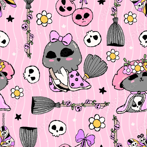 seamlesspattern of cute Halloween cats in pastel costumes the purrfect spooky sweet vibe