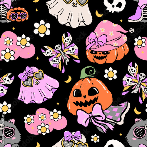 seamlesspattern of cute Halloween cats in pastel costumes the purrfect spooky sweet vibe