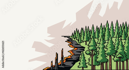 Forest fire landscape with mountains and trees