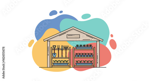 Garden shed with tools and plants outline style