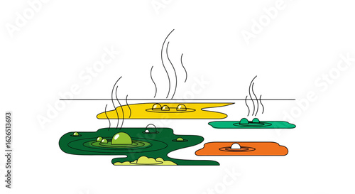 Geothermal landscape with hot springs and steam vents