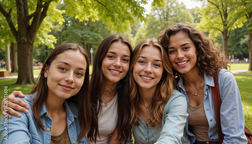 Group of friends smiling in park, capturing friendship moments on sunny day. Friendship symbolizes connections and happiness, shared experiences and enjoying the moment together.
