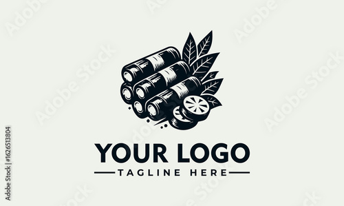 Engraved illustration of spring rolls and lemon slices in a bowl, presented as a logo design element.