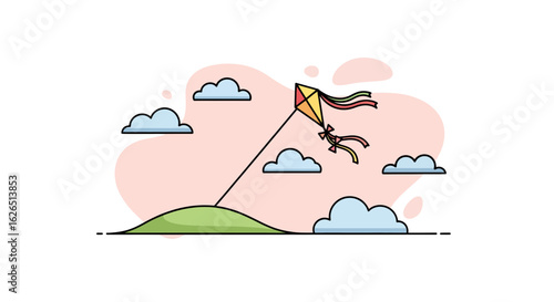 Kite flying on hill with clouds, playful childhood activity